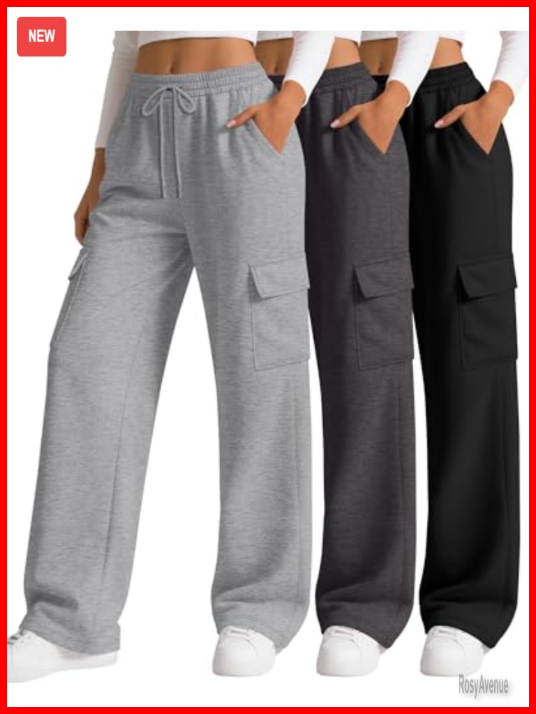 3 Pack Women's Cargo Sweatpants Wide Leg Baggy Loose Elastic Drawstring Joggers